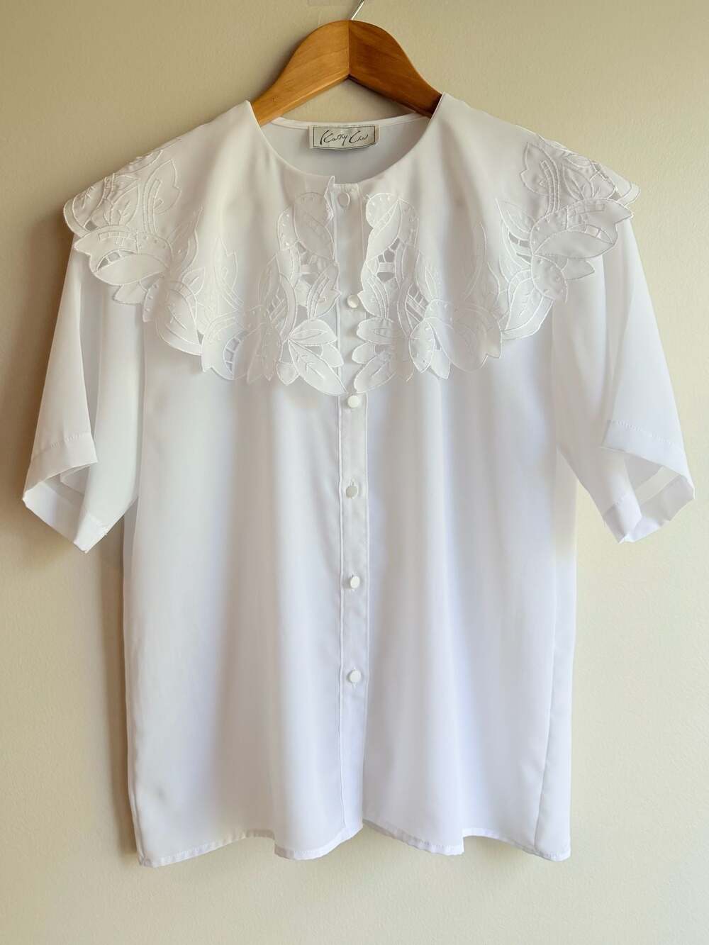 Cathy Che Vintage White Short Sleeve Blouse with Embroidered Cutwork Statement C
